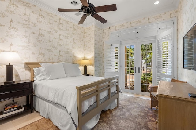 bedroom with crown molding, access to exterior, and french doors