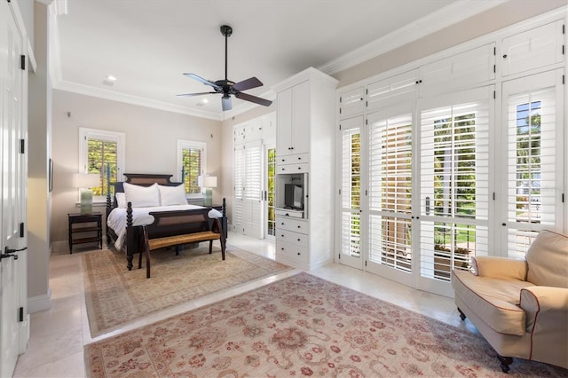 tiled bedroom with access to exterior, crown molding, and ceiling fan