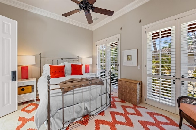 bedroom featuring ornamental molding, light tile patterned floors, access to exterior, and ceiling fan