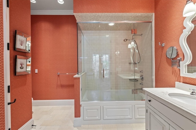 bathroom featuring vanity, crown molding, tile patterned floors, and combined bath / shower with glass door