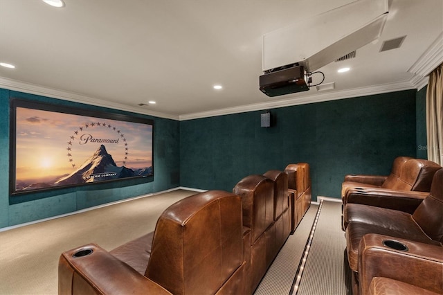 carpeted cinema with crown molding