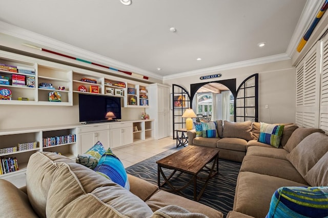 tiled living room featuring crown molding