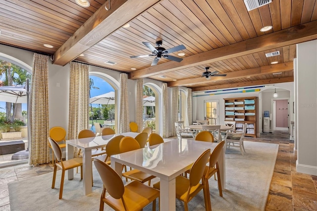 dining area with beam ceiling and wooden ceiling