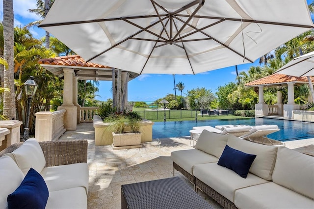 view of patio with a gazebo and an outdoor hangout area