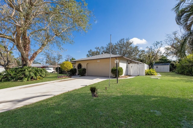 ranch-style home with stucco siding, concrete driveway, fence, a garage, and a front lawn