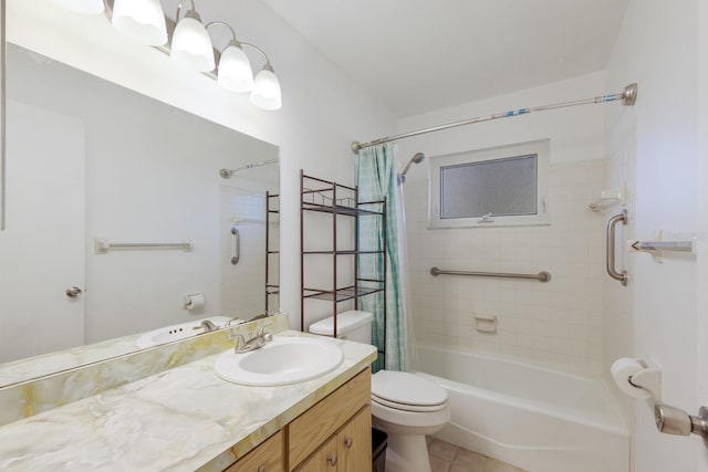 full bathroom featuring vanity, shower / tub combo with curtain, and toilet