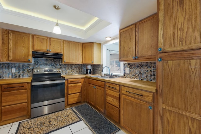 kitchen with electric range, range hood, a tray ceiling, wooden counters, and a sink