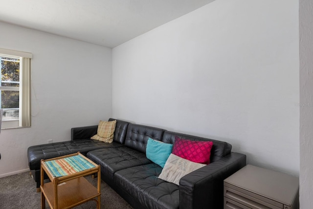 living room with baseboards and carpet flooring