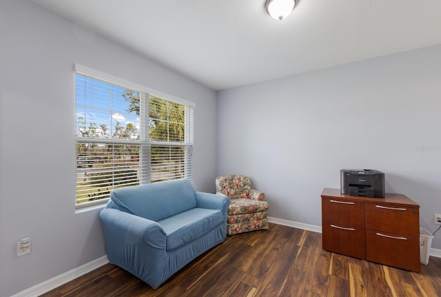 sitting room with dark wood-style floors and baseboards