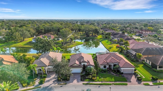 bird's eye view with a water view