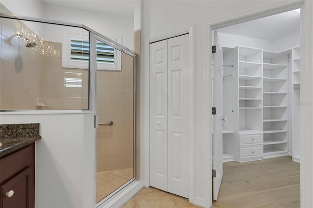 bathroom featuring vanity and a shower with shower door