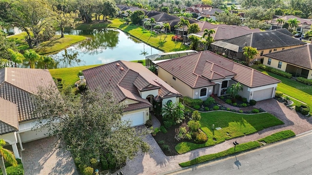 aerial view featuring a water view