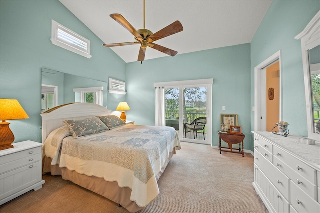 bedroom with vaulted ceiling, light carpet, access to exterior, and ceiling fan