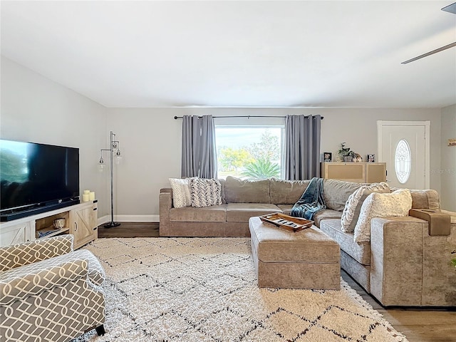 living room with hardwood / wood-style flooring and a healthy amount of sunlight