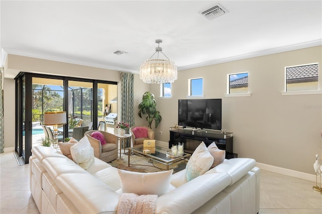 living room featuring an inviting chandelier, crown molding, and light tile patterned flooring