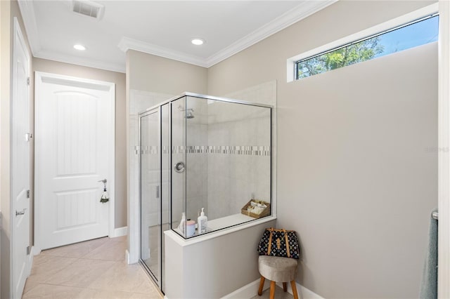 bathroom with walk in shower, tile patterned floors, and ornamental molding