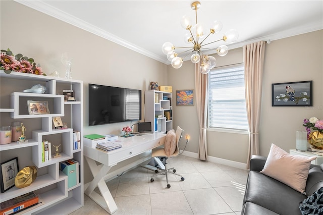 office area featuring crown molding, a notable chandelier, and light tile patterned floors