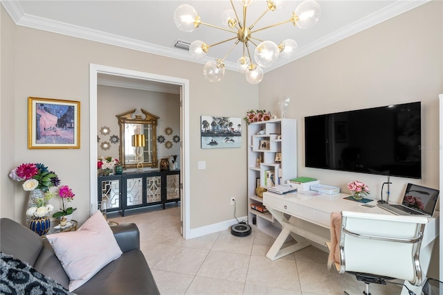 office space with light tile patterned flooring, ornamental molding, and an inviting chandelier