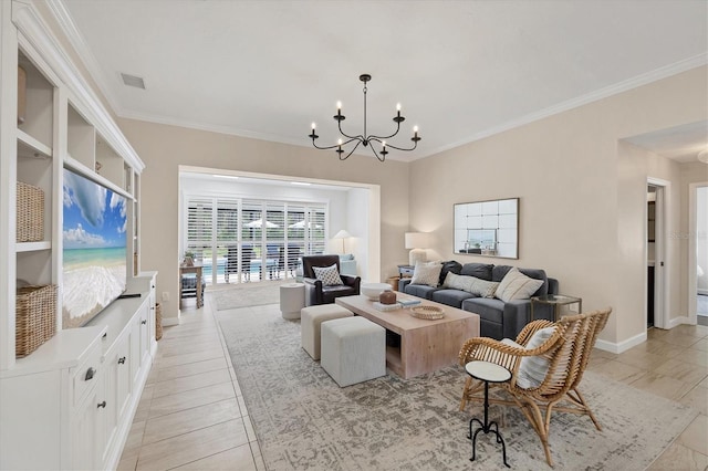 living room featuring an inviting chandelier and crown molding