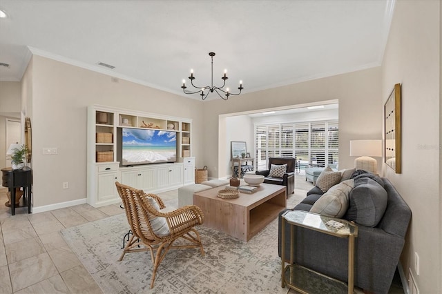 living room featuring ornamental molding and a notable chandelier