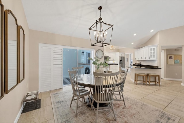 dining area with vaulted ceiling and a chandelier