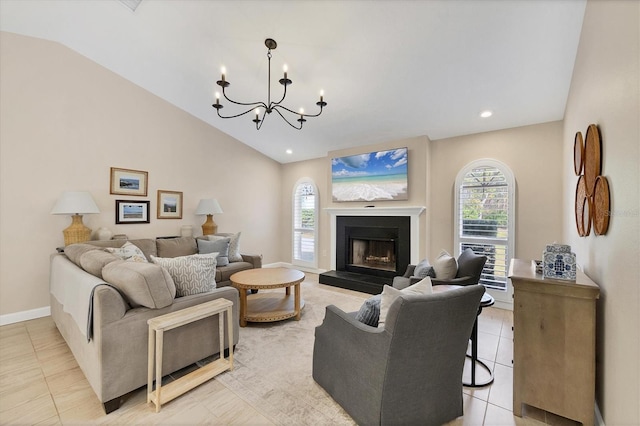 living room featuring light tile patterned flooring, a chandelier, and vaulted ceiling