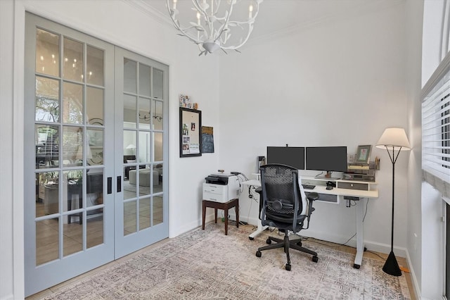 office with crown molding, an inviting chandelier, and french doors