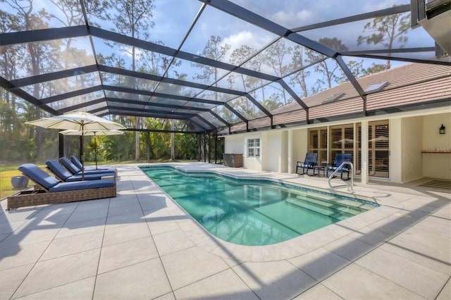 view of swimming pool featuring a patio and a lanai