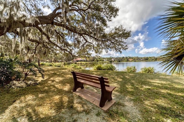 view of property's community featuring a water view and a lawn