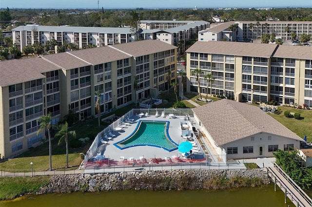 bird's eye view with a water view