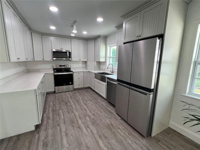 kitchen featuring stainless steel appliances, sink, and light hardwood / wood-style flooring