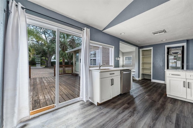 kitchen with white cabinetry, stainless steel dishwasher, sink, and dark wood-type flooring