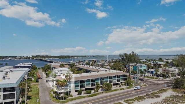 drone / aerial view with a water view