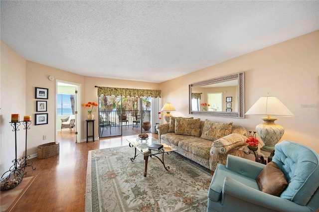 living room with hardwood / wood-style flooring and a textured ceiling