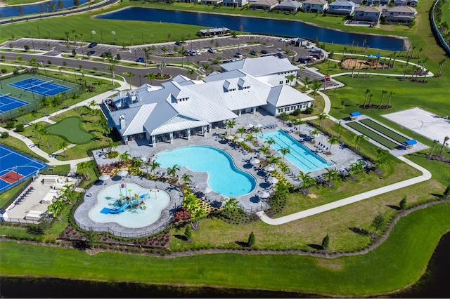 drone / aerial view featuring a water view