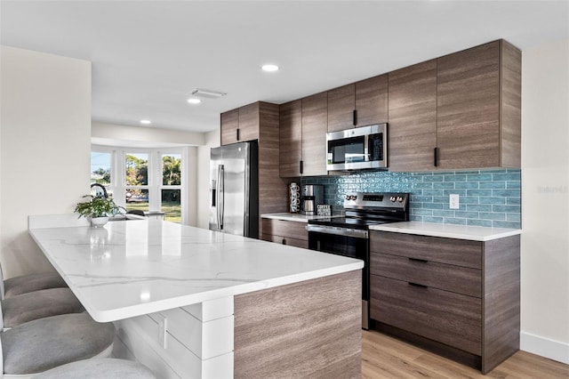 kitchen with a breakfast bar area, light hardwood / wood-style flooring, kitchen peninsula, stainless steel appliances, and backsplash