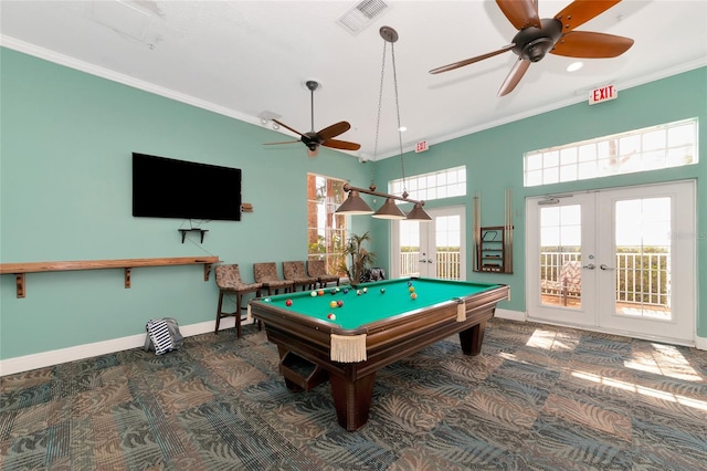 recreation room with pool table, ornamental molding, french doors, and ceiling fan