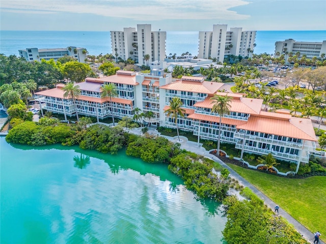 drone / aerial view featuring a water view