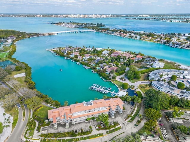 drone / aerial view with a water view