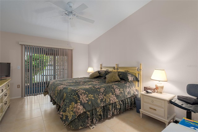 bedroom with ceiling fan, lofted ceiling, access to exterior, and light tile patterned floors