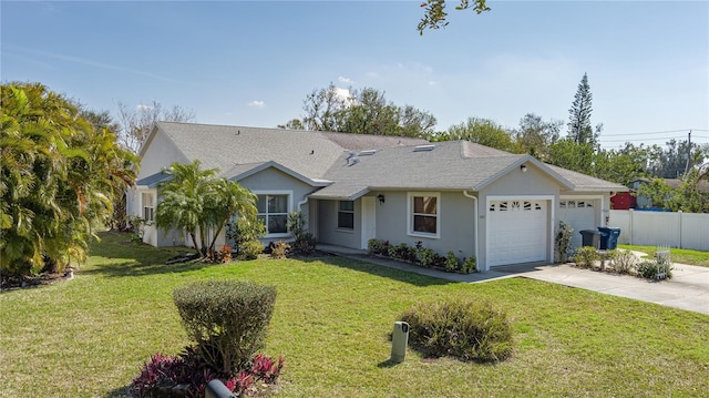 ranch-style home featuring a garage and a front lawn