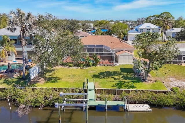 drone / aerial view featuring a water view