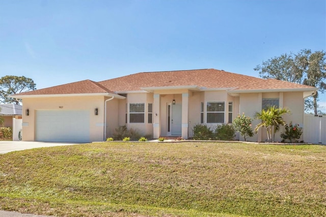single story home featuring stucco siding, a garage, and concrete driveway