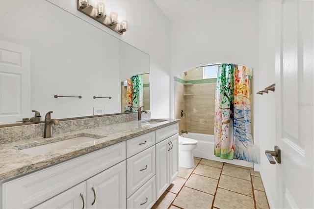 full bath featuring double vanity, shower / tub combo, toilet, and tile patterned floors