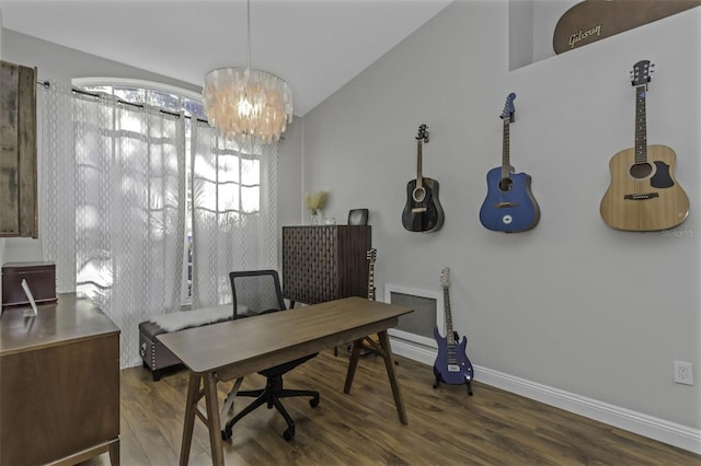 office with dark hardwood / wood-style flooring and vaulted ceiling