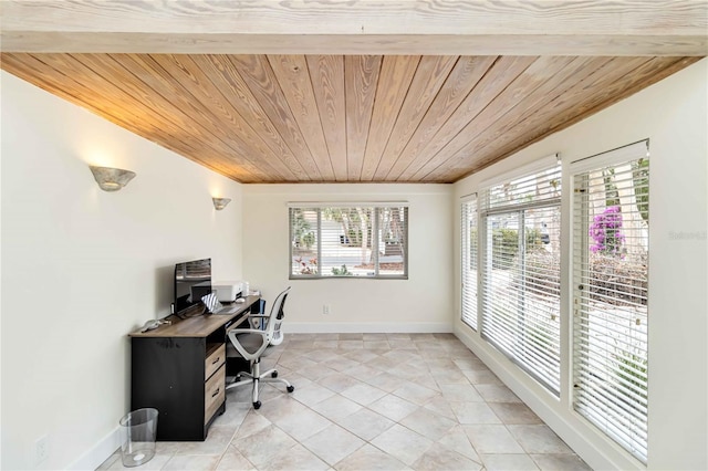 tiled office space with wood ceiling and plenty of natural light