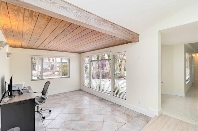 tiled office with beam ceiling and wooden ceiling