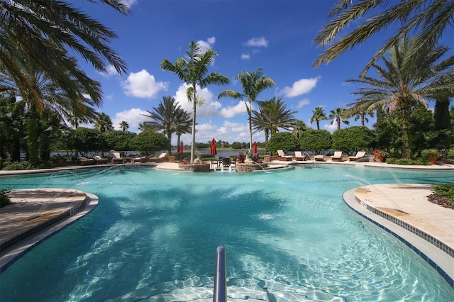 pool with a patio