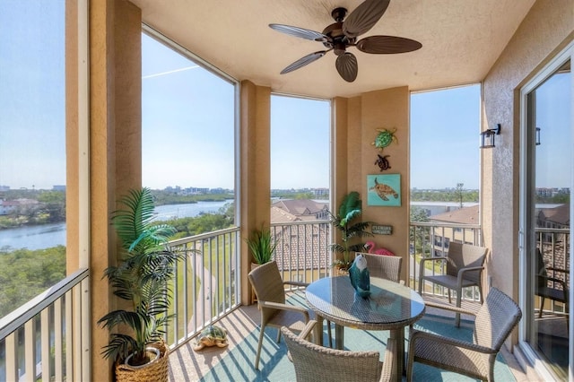 balcony featuring a ceiling fan and a water view