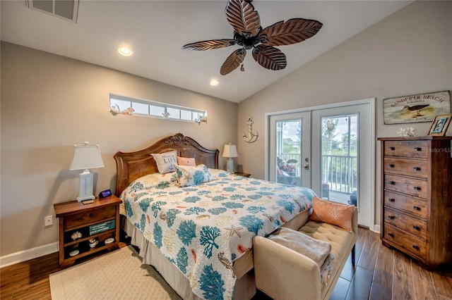 bedroom with hardwood / wood-style flooring, vaulted ceiling, access to exterior, and french doors